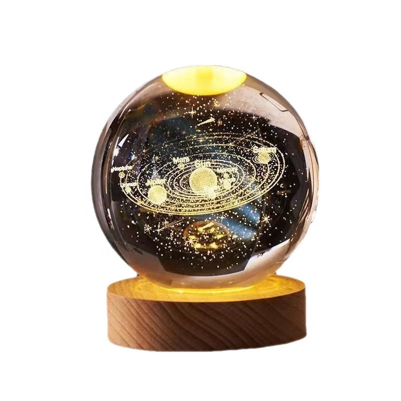 3D Engraved 8CM Crystal Galaxy Ball KidWood Bases Birthday Gift Etached Astronaut Solar System Ball LED Night Lights With