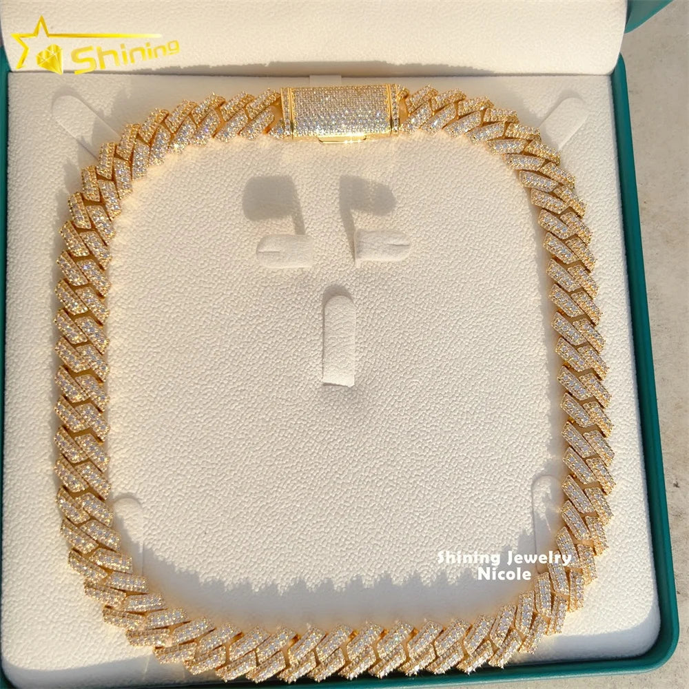 Hip Hop 15MM 925 Sterling Silver Miami VVS Moissanite Cuban Link Necklace Iced Out Cuban Chain