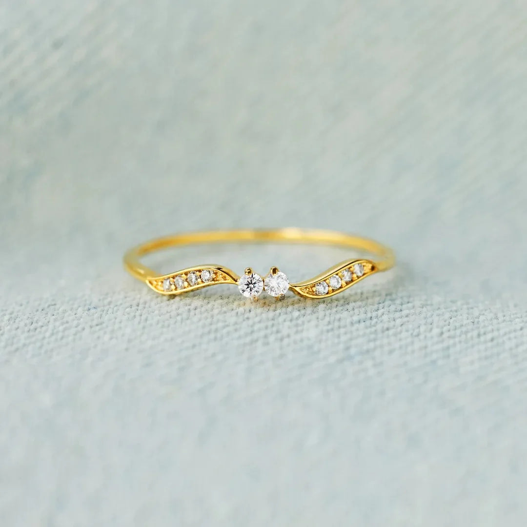 FUAMAY Fashion S925 Silver Double Stone Wave Ring Dainty Minimalist 18K Gold Plated 925 Sterling Silver Zircon Wave Anillo Ring