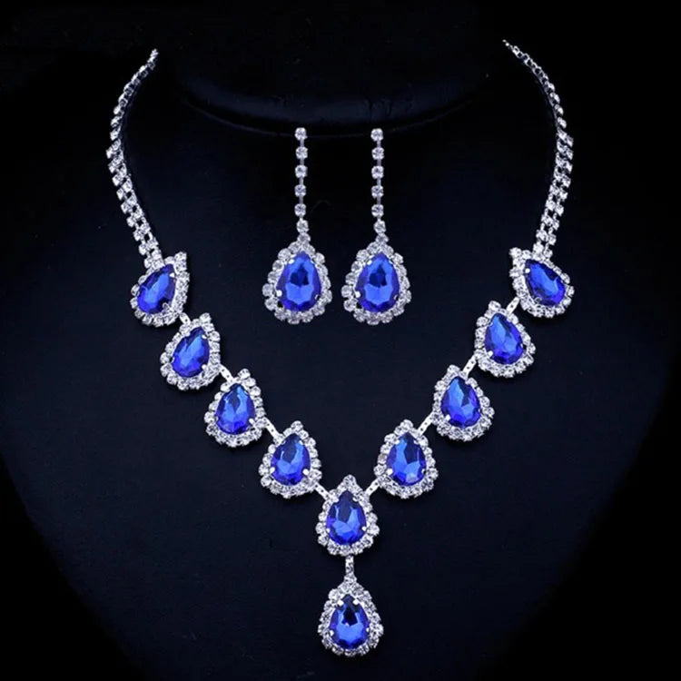 New Popular Explosions Bridal Necklace Jewelry Set Chain Glittering Blue Drop Rhinestones Pendant Set Jewelry for Women