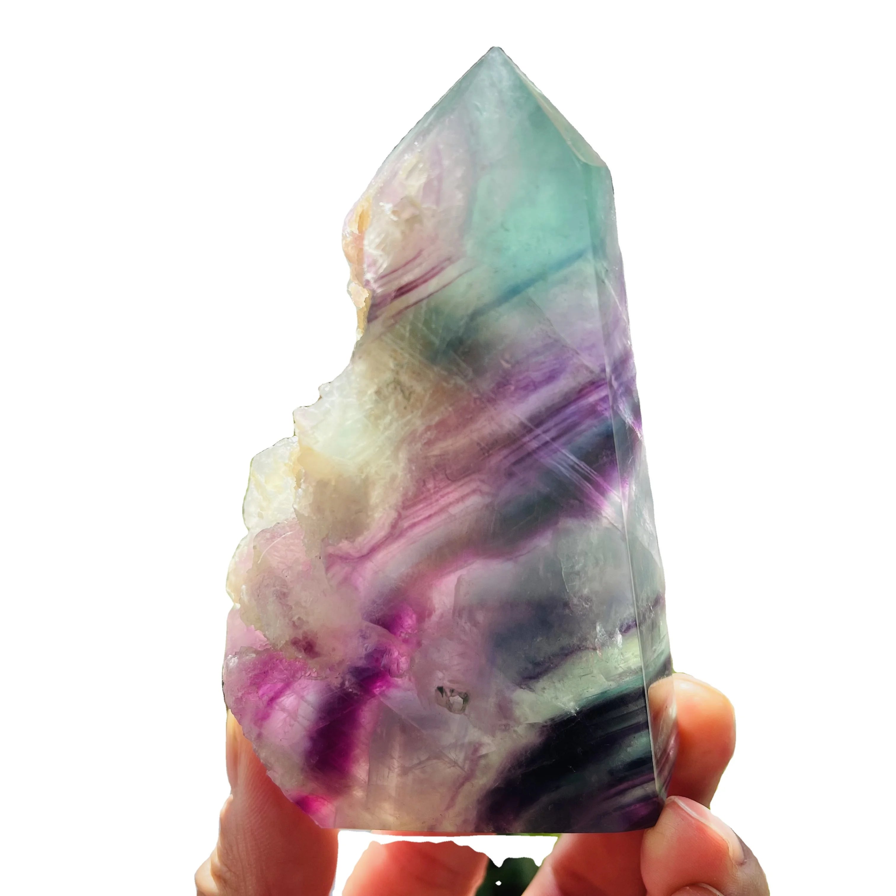 Natural rainbow fluorite tower hand carved rough fluorite crystal point