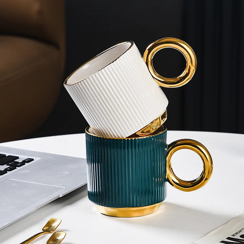 Factory Direct Sell Nordic Simple Big Ear Ceramic Mug Light Luxury Gold Handle Creative Water Cup