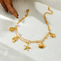 Double Layered Pearl Chain Scallop Starfish Dolphin Charm Pendant Non Tarnish 18k Gold Stainless Steel Beach Anklets for Women