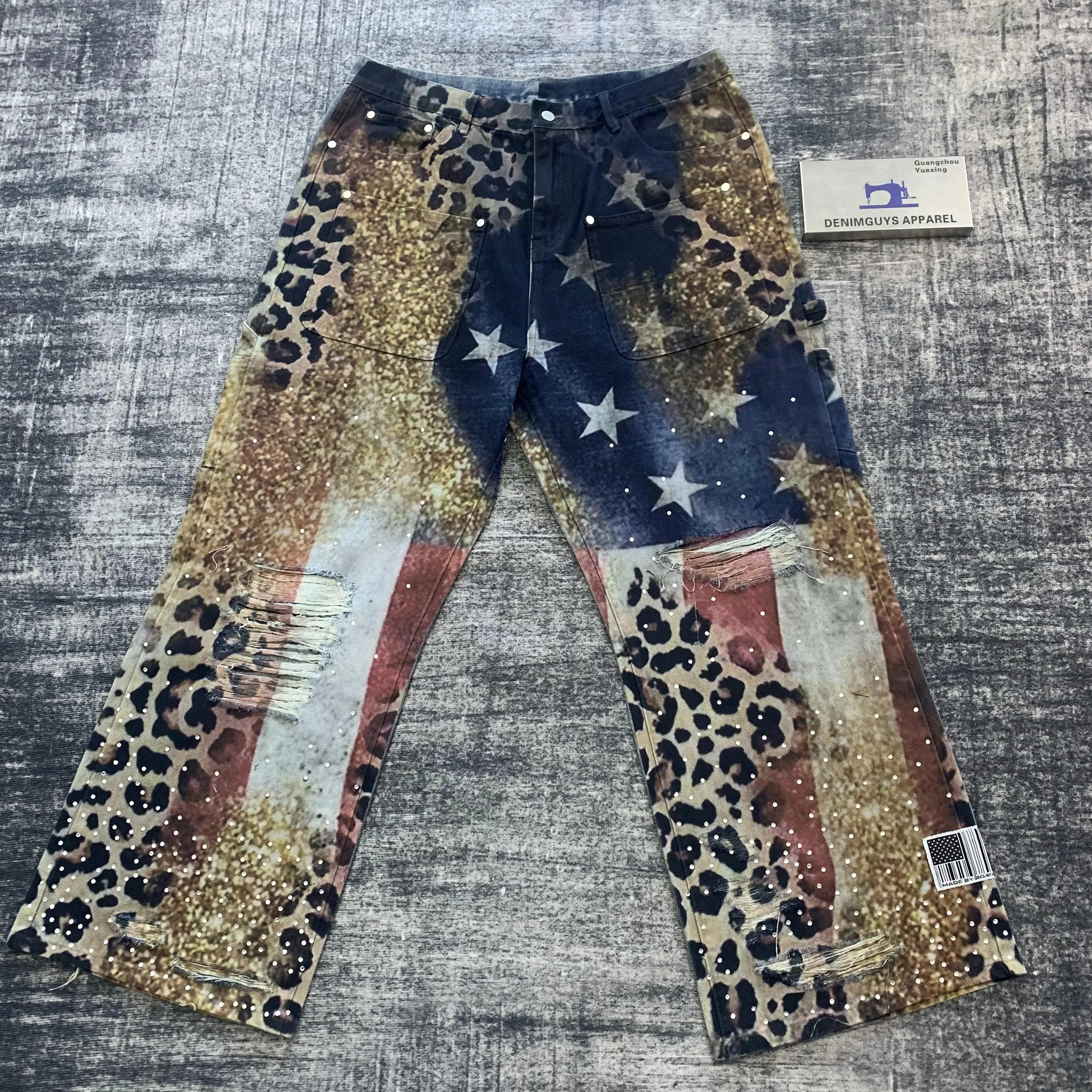 DENIMGUYS Dtg Printed Men's Jeans Customized Digital Print Rhinestone Distressing Denim Pants Jeans for Men