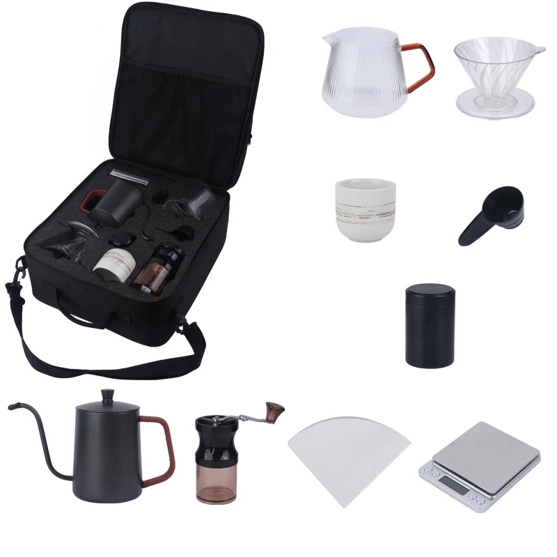2024 9PCS Set Arabic Travel Coffee Bag Outdoor Camping Accessories Waterproof Manual Pour Over Coffee Maker Set Coffee Set
