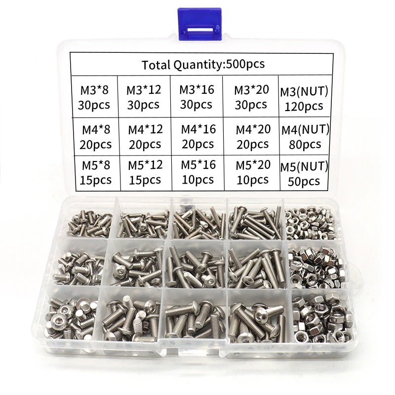 Stock 500pcs SS304 M3 M4 M5 Fastener Assorted Kit Pan Head Socket Hex Nuts Screws Plain Finish Longer Screws Assortment Kits