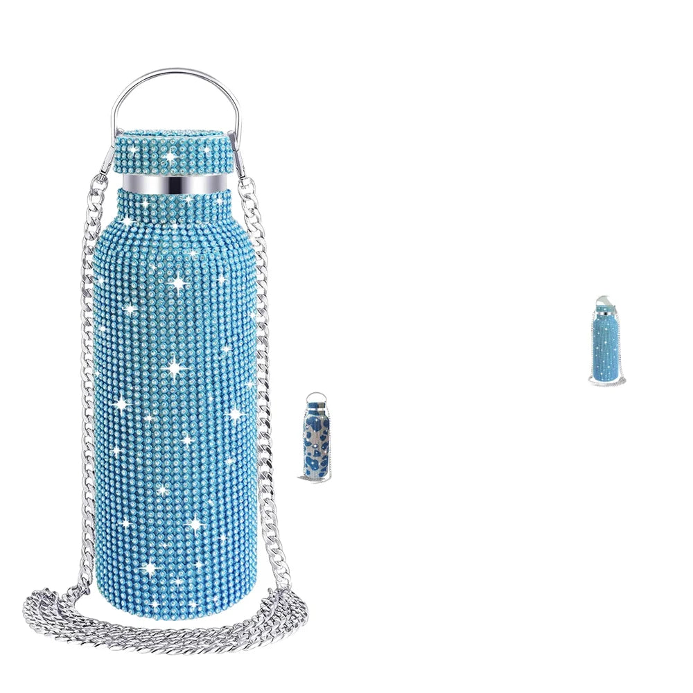 500ml Double-Walled Stainless Steel Insulated Cup with Diamond Handle Water Diamond Inlaid Gift Flask Beverage Vacuum Thermos