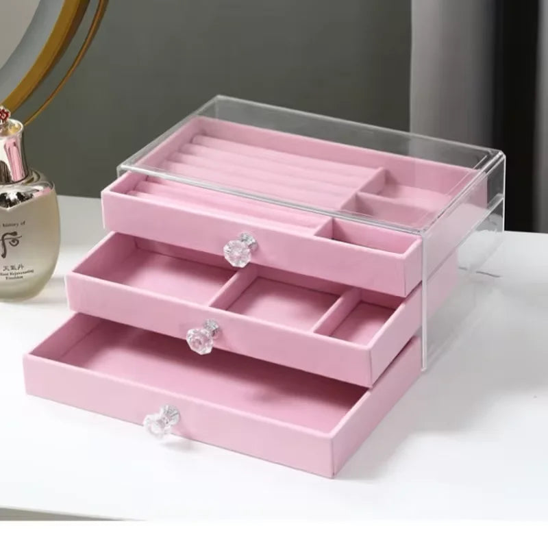 Acrylic Jewelry Box 3 Drawers Velvet Jewellery Organizer Earring Rings Necklaces Bracelets Display Case Gift for Women   Girl