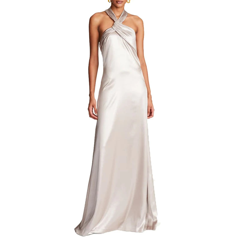 Custom 100%Silk Metallic A-Line Halter Gown Evening Dresses Wedding Maxi Prom Dress Women Elegant