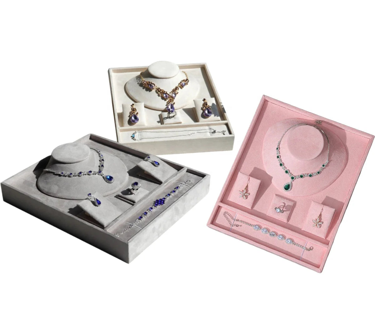 Luxury Microfiber Jewelry Display Tray Set Elegant Store Show Holder Rings Bracelets Necklaces Earrings Display Stand Bust