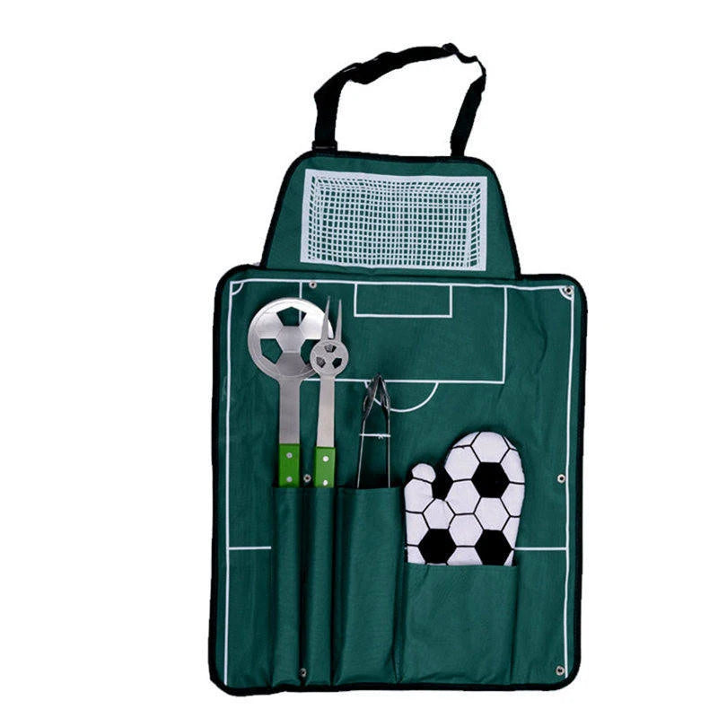 Portable Stainless Steel Soccer Shape BBQ Tools Set With Apron Stove Outdoor Picnics Wood Handle Cleaning Sticks Box Packaging