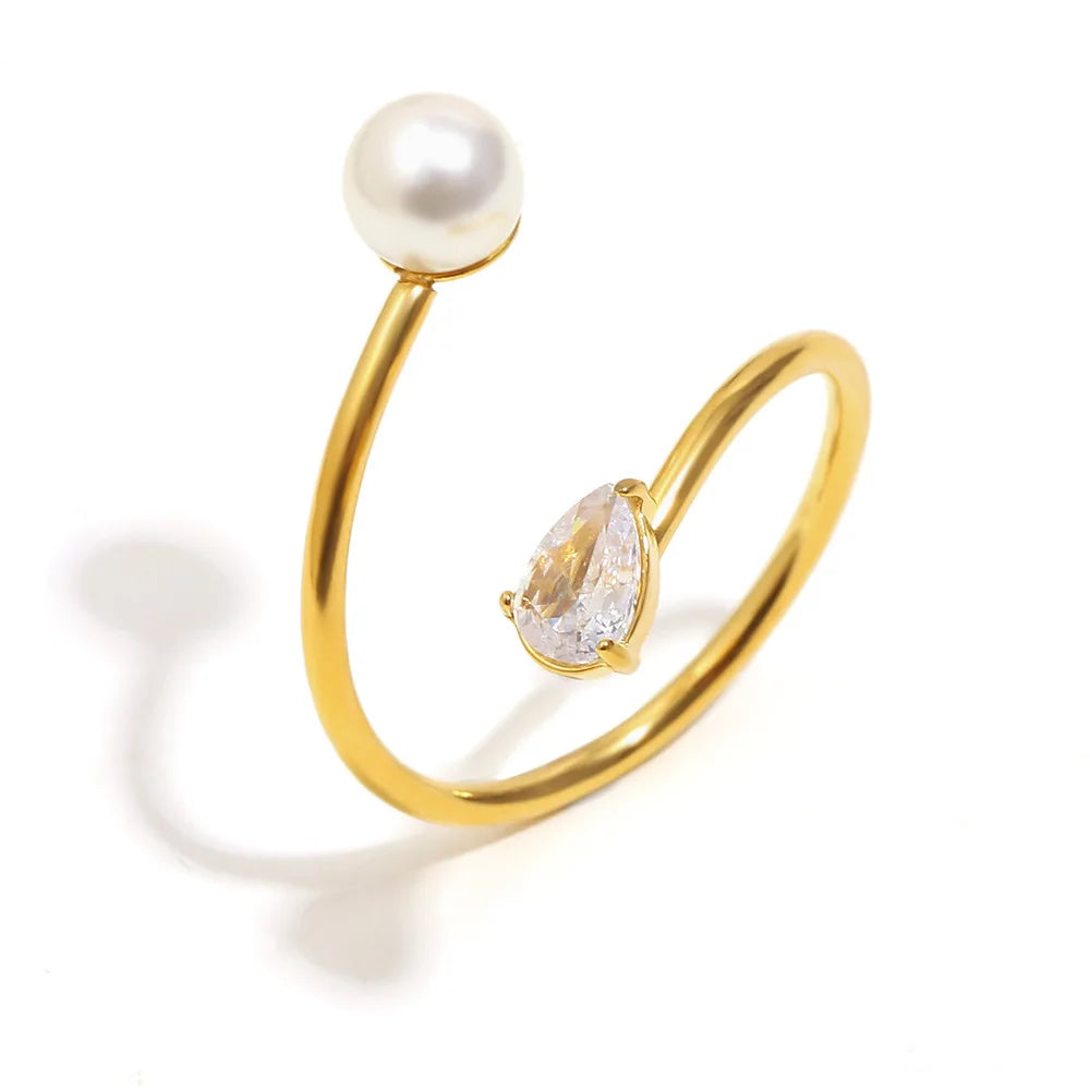 Minimalist Pearl Cubic Zirconia Teardrop Open Ring for Women Adjustable Elegant Fashion Jewelry Gift