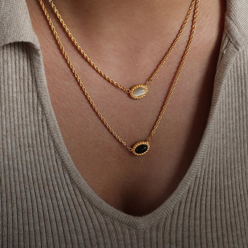 New Trendy 18K Gold Plated Natural Black Agate Stone Oval Stainless Steel Necklace Charms for Women in 2024