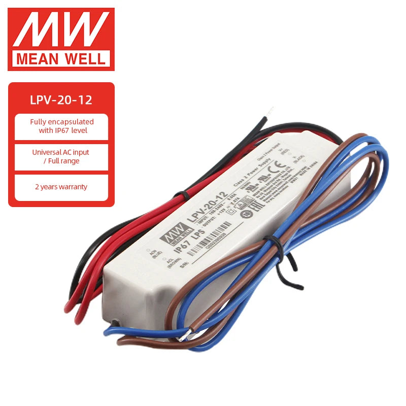 Meanwell LPV-20-12 20W Constant Voltage Waterproof LED Driver 12V Plastic Case for Indoor Led Lighting 12V