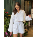 Custom logo Pullover Cropped Sweatshirts Women Wholesale Fashion Streetwear Women Gym Two Piece Biker Shorts Set