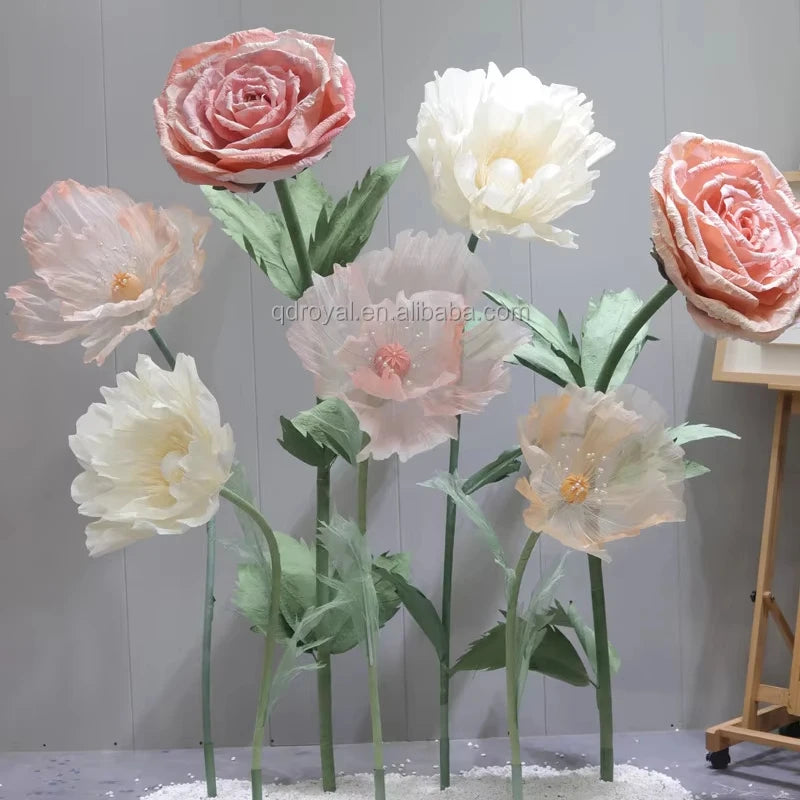 Customized Giant Soft Pink Silk Paper Lotus Flower Group with Greenery Bottom for Wedding Event or Party Window Decor