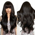 Factory Wholesale Price Dark Black Brown Long Wavy Synthetic Hair Wig with Bangs for Women Afro Natural Body Wave Wigs