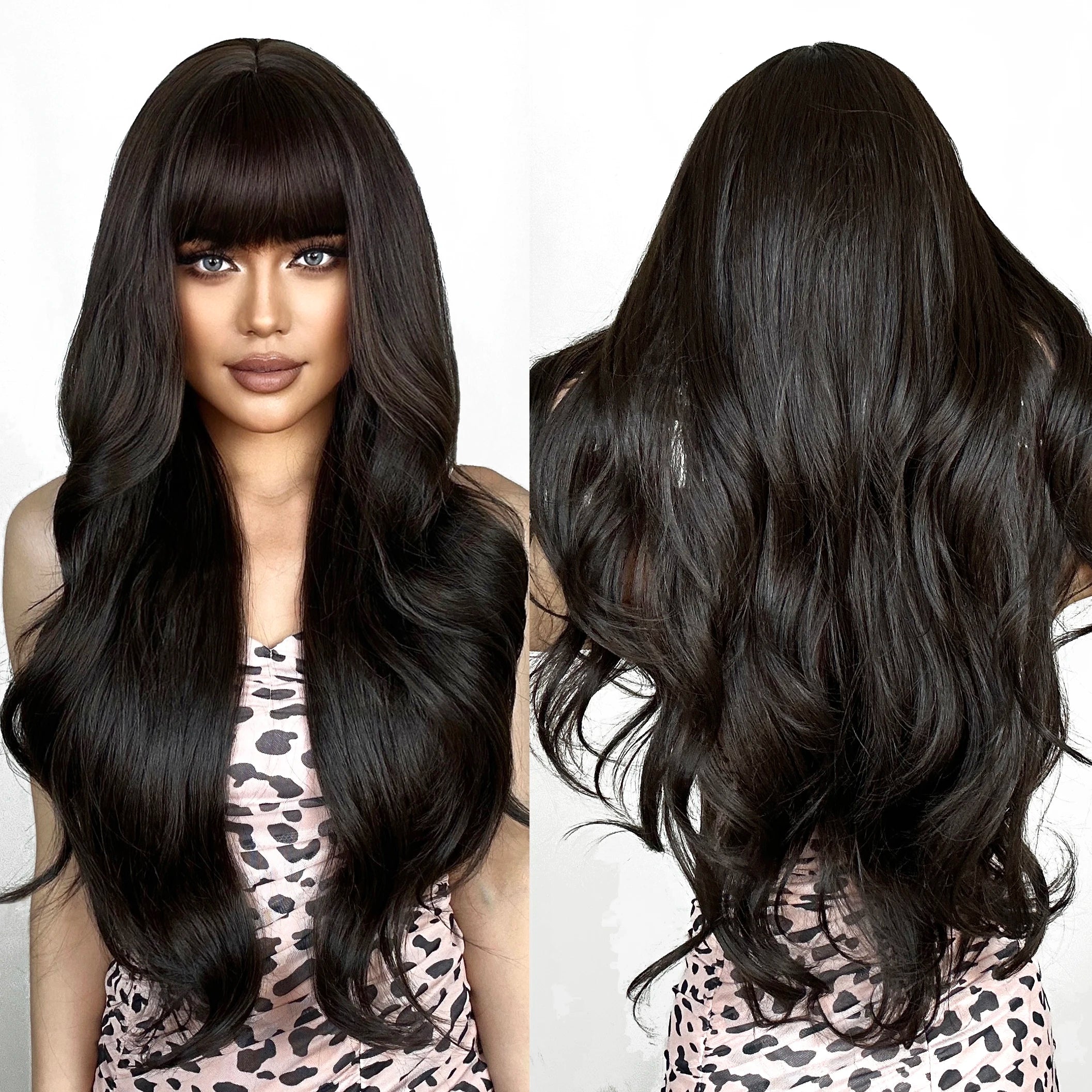 Factory Wholesale Price Dark Black Brown Long Wavy Synthetic Hair Wig with Bangs for Women Afro Natural Body Wave Wigs