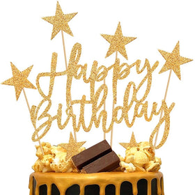 Luxury Birthday Party Decor Hen Stars and Heart Cake Topper Rose Gold & Silver Glitter Happy Birthday Cupcake Topper