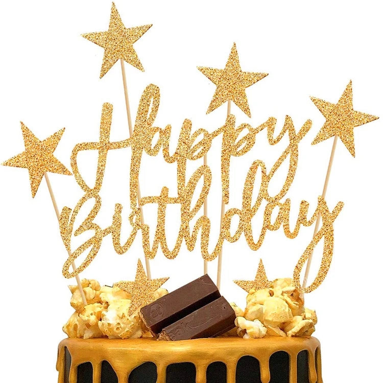 Luxury Birthday Party Decor Hen Stars and Heart Cake Topper Rose Gold & Silver Glitter Happy Birthday Cupcake Topper