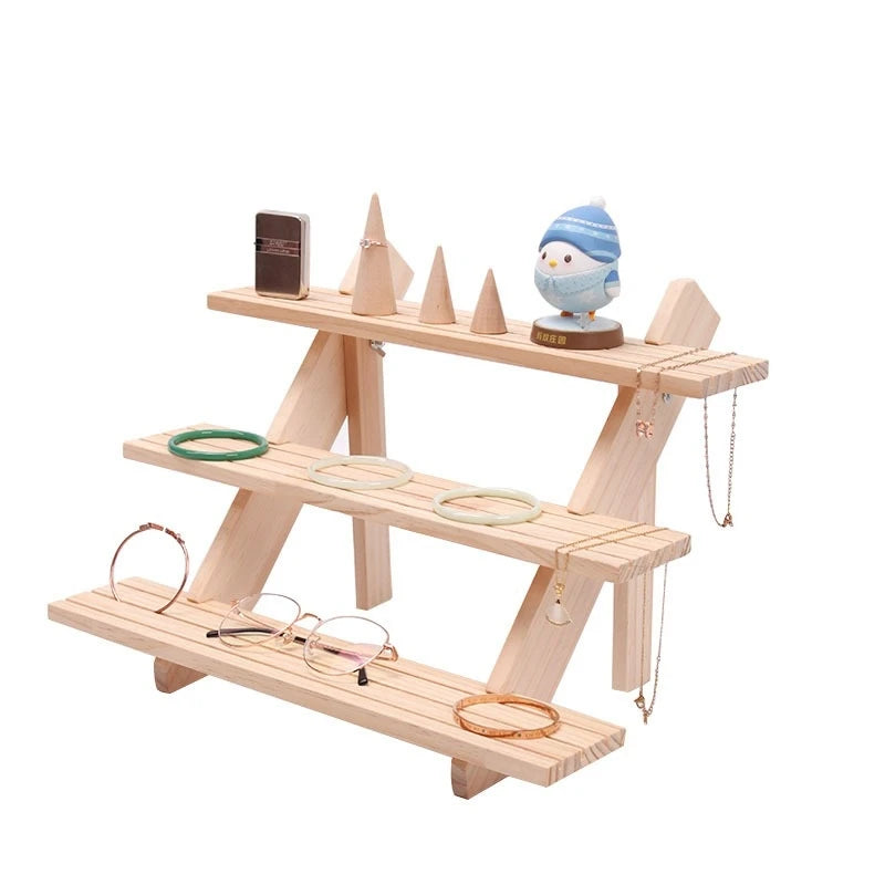 Multi-functional 3-Tier Wood Earrings Jewelry Display Stand Ladder Design with Grooved Lines Container for Your Valuable Pieces