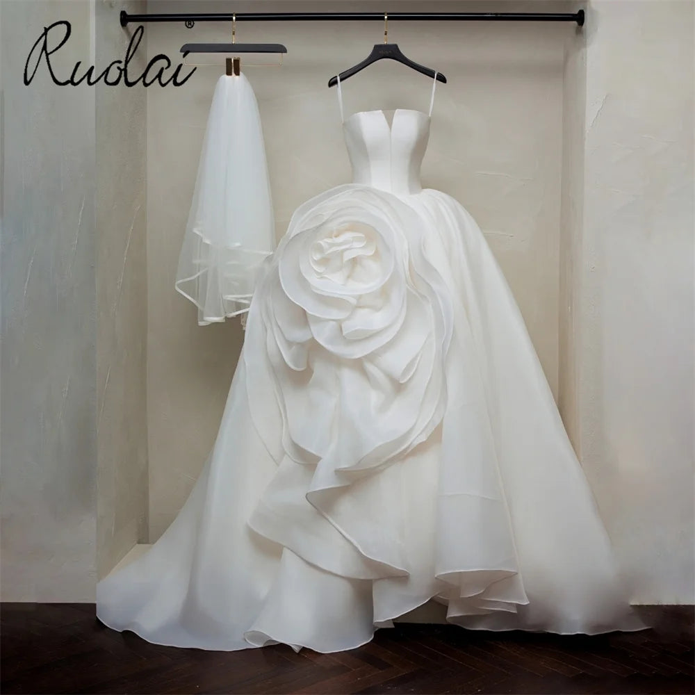 Ruolai ZD05211 Strapless 3d Organza Flowers Bridal Princess Puffy Ball Gown Wedding Dresses