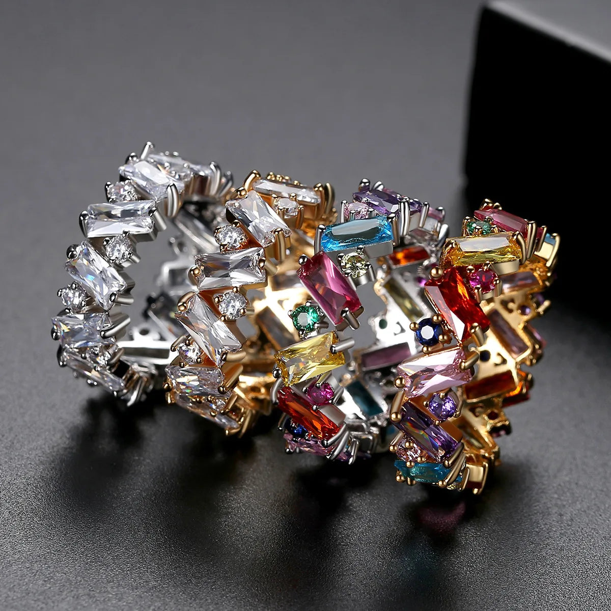 Hot Sale 18K Gold Plated Crystal Ring Colorful Iced Out Cubic Zirconia CZ Geometric Band Ring for Women
