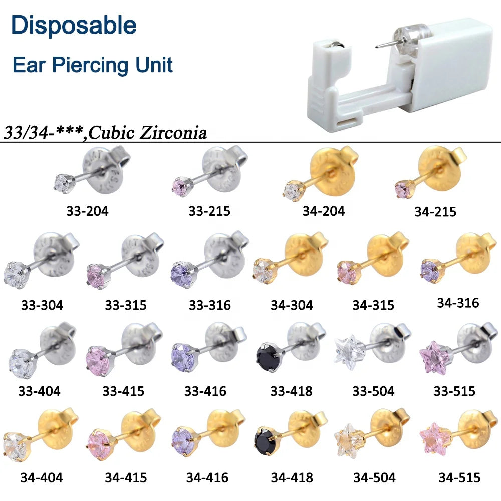 Disposable 316L Surgical Steel Ear Piercing Unit Easy Use Safe Sterilized Cubic Zirconia Ear Studs Body Jewelry for Wholesale