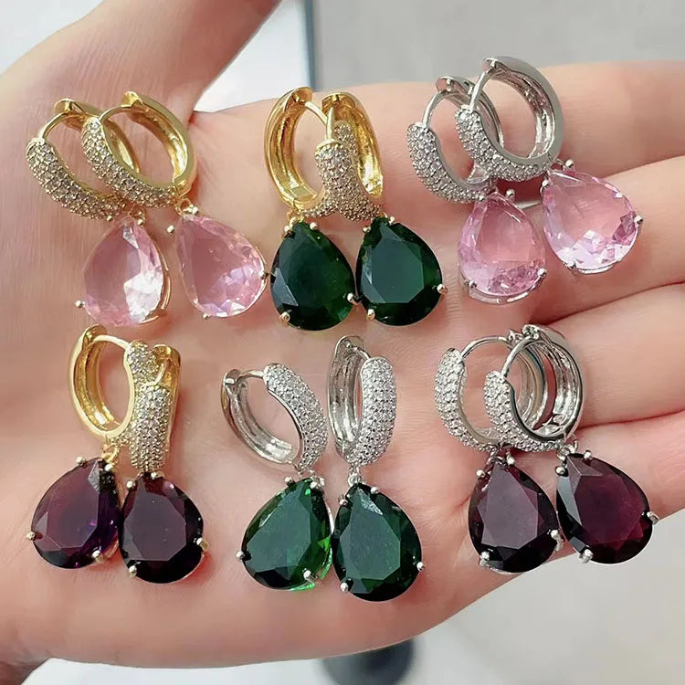 EC1949 Womans Fashion Rainbow CZ Paved Crystal Teardrop Heart Dangle Charm Huggies Hoop Earrings