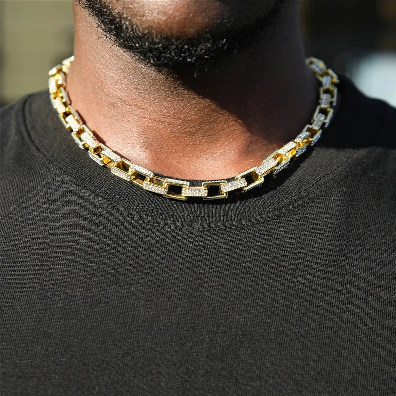 Hiphop Alloy Hollow square Cuban Chain with Zircon Wholesale Necklace 18K Gold Plated Jewelry for Men