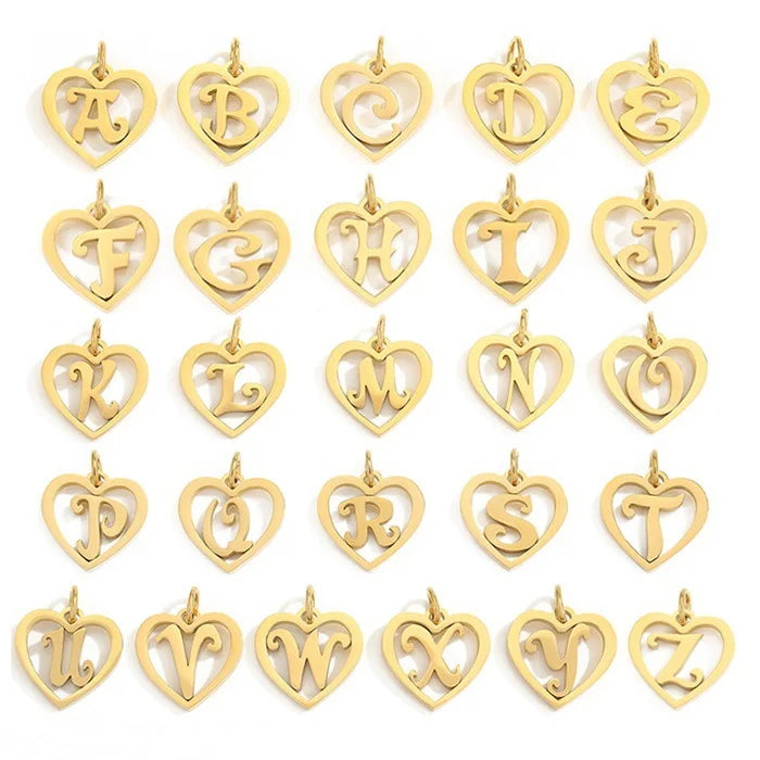 Stainless Steel 14K Gold Plated High Polish 17*16mm Letter Alphabet Initial Hollow Heart Charm Pendant Accessories Jewelry