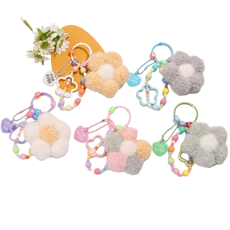 Wholesale Cute Design Plush Flower Keychain Colourful Fluffy Fur Flower Keychain Bag Mobile Phone Straps Chain Charm Decoration