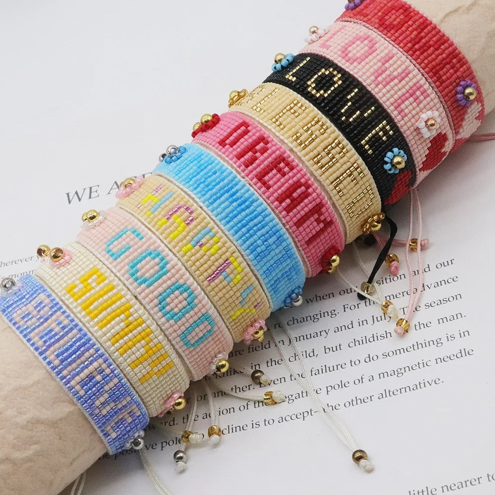 Miyuki Handmade Delicate Gold Bracelet Bohemian Style Beaded Friendship Bracelet with Letter Design Beaded Bracelets for Girls