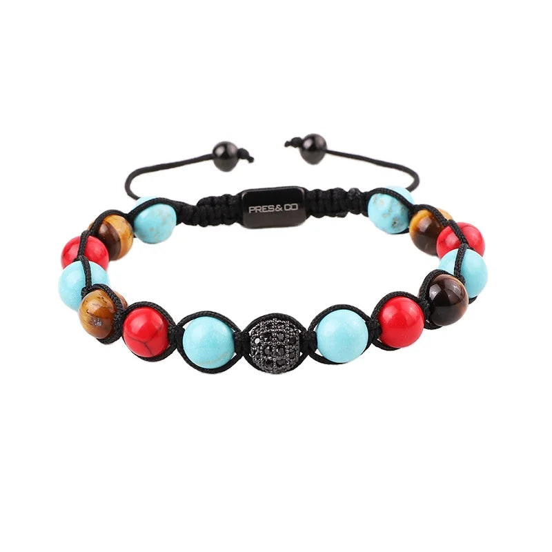 New Arrived Gemstone Natural Turquoise Custom Logo CZ Pave Ball Beads Braided Adjustable Bracelet for Men JBS11871