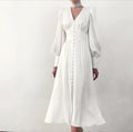 Women's Autumn New Satin Dress Lantern Sleeves Wrap Waist to Show Slim Fit Long Dress