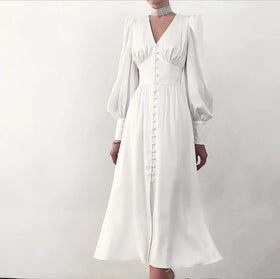 Women's Autumn New Satin Dress Lantern Sleeves Wrap Waist to Show Slim Fit Long Dress