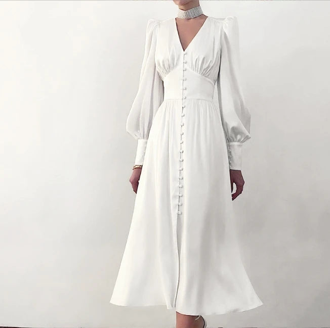 Women's Autumn New Satin Dress Lantern Sleeves Wrap Waist to Show Slim Fit Long Dress