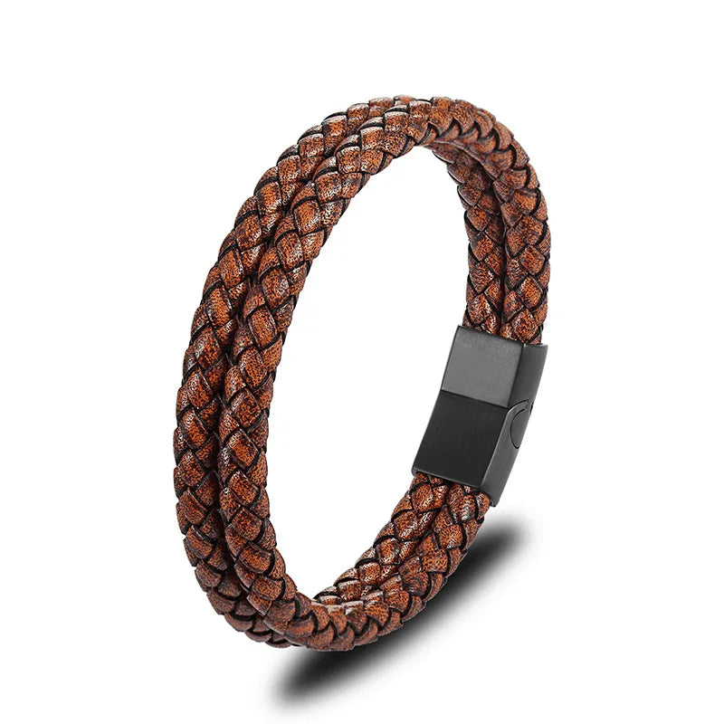 Jewelry Gifts Black Leather Braided Woven Men's Bracelet Custoimized Logo Jewelry Bracelet with Magnetic Buckle