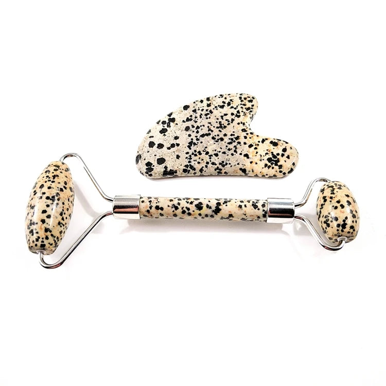 2026 Natural Dalmation JasperJade Roller Set Prive Label Slimming Massage Jade Roller Gua Sha Stone Set with Box for Anti Aging