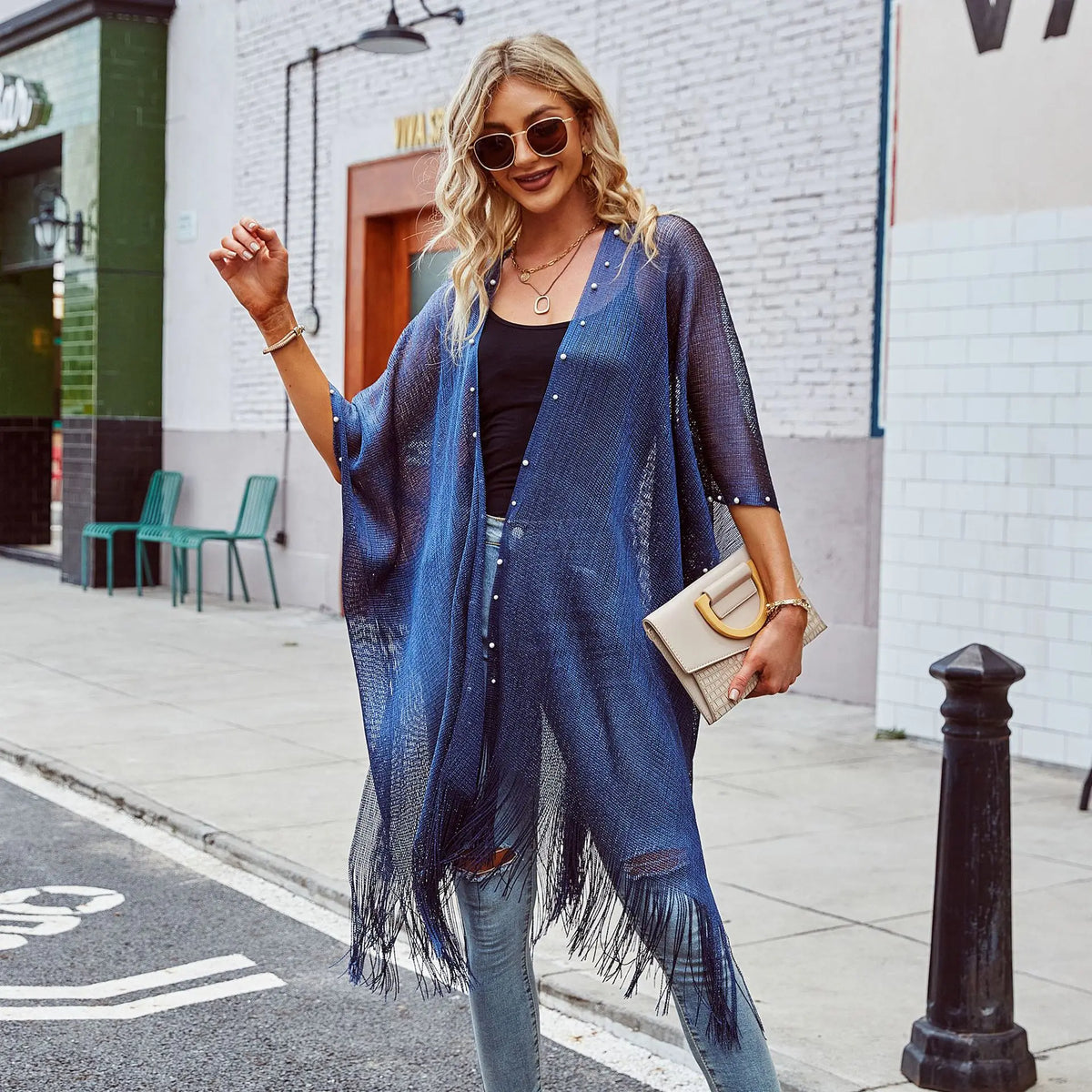 ODM Low MOQ Cotton Beach Blue Print Tassel Loose Women Kimono Cardigan MegaBDM