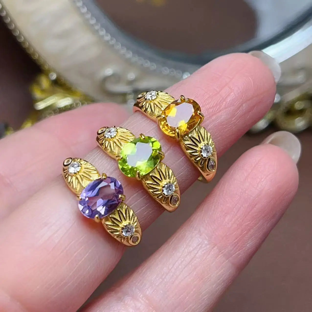 New Design 925 Sterling Silver Natural Gemstone Fine Fashion 18k Gold Plated Women Jewelry Rings