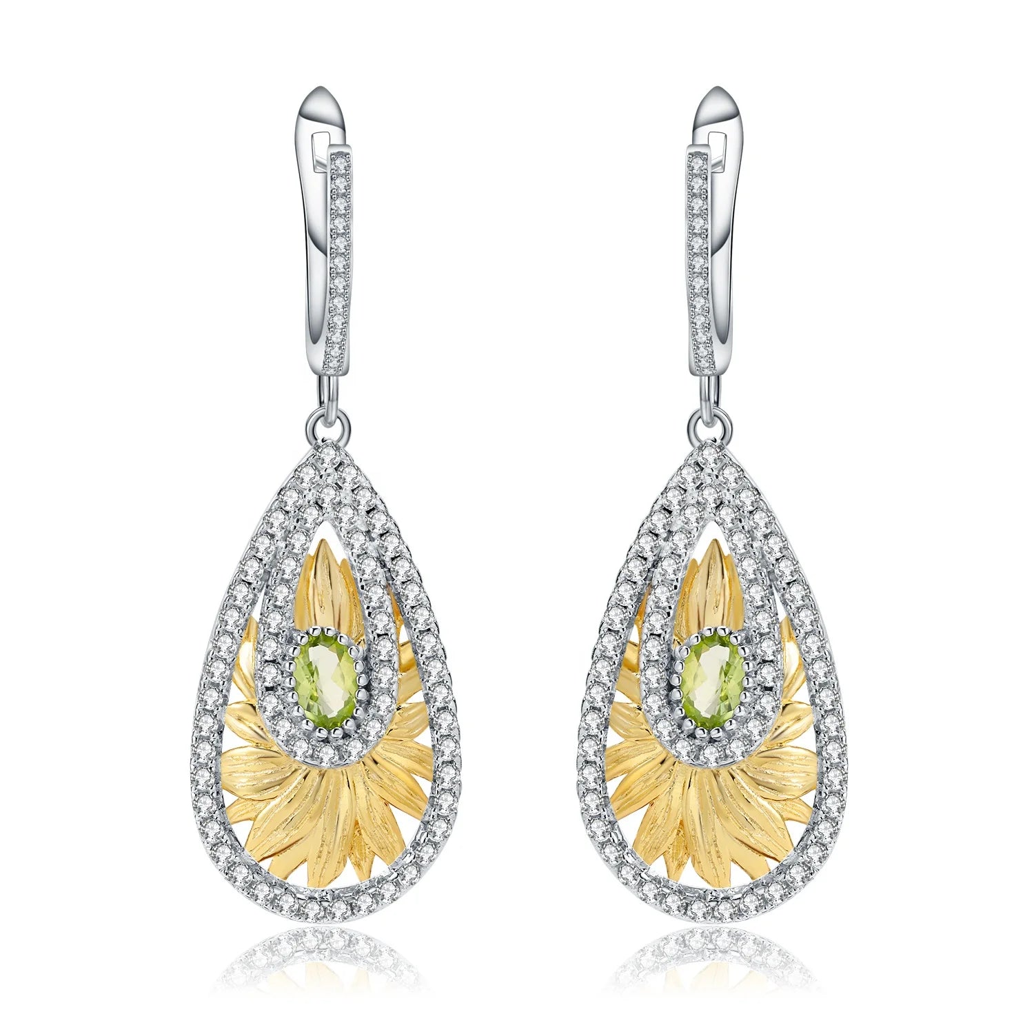 Abiding Fashion Earring 925 Silver Sunflower Handmade Gold Plated Gemstone Natural Peridot Drop Earrings Women