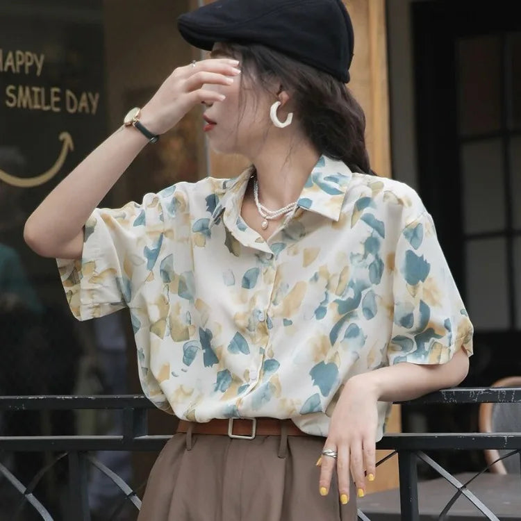 2021 Summer Retro Korea Design Style Women's Short-sleeve Loose Shirt Colorful Floral Chiffon Fabric Fashion Lady's Shirt
