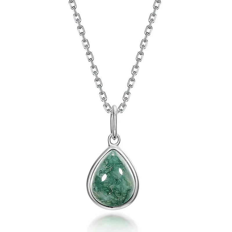 925 Sterling Silver Oval Pear Teardrop Natural Green Moss Agate Pendant Necklace for Women