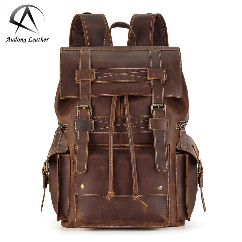 European Retro Genuine Leather Travel Bag 17 Inch Business Computer Backpack Men Crazy Horse Leather Backpacks