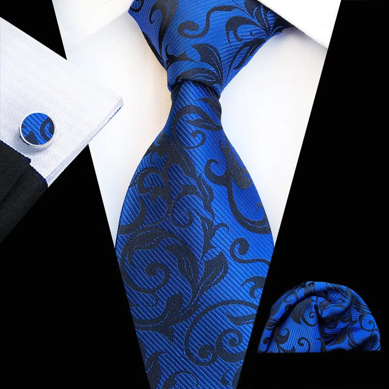 Fashion 8cm Men's Silk Tie Set Red Green Floral Handkerchief Cufflinks Necktie Set