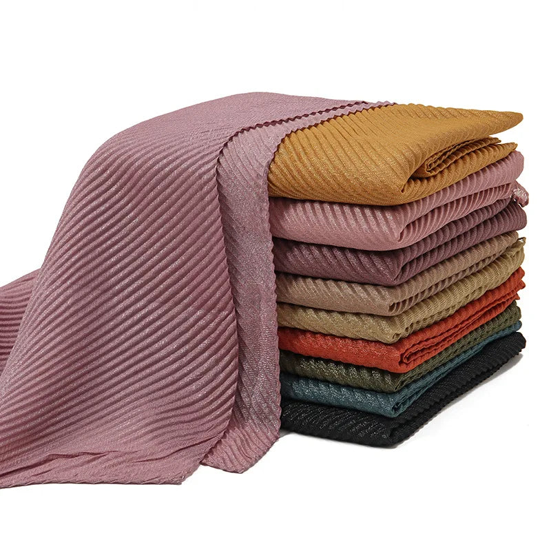 Women's Glitter Crinkle Polyester Scarf Hijab Pleated Shimmer Shawl for Summer New Dubai Style Muslim Headscarf