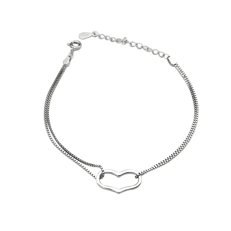 Wish Jewelry Adjustable Double Layer Box Chain Heart Bracelet Trendy Hollow 925 Sterling Silver Heart Bracelet for Women Girls
