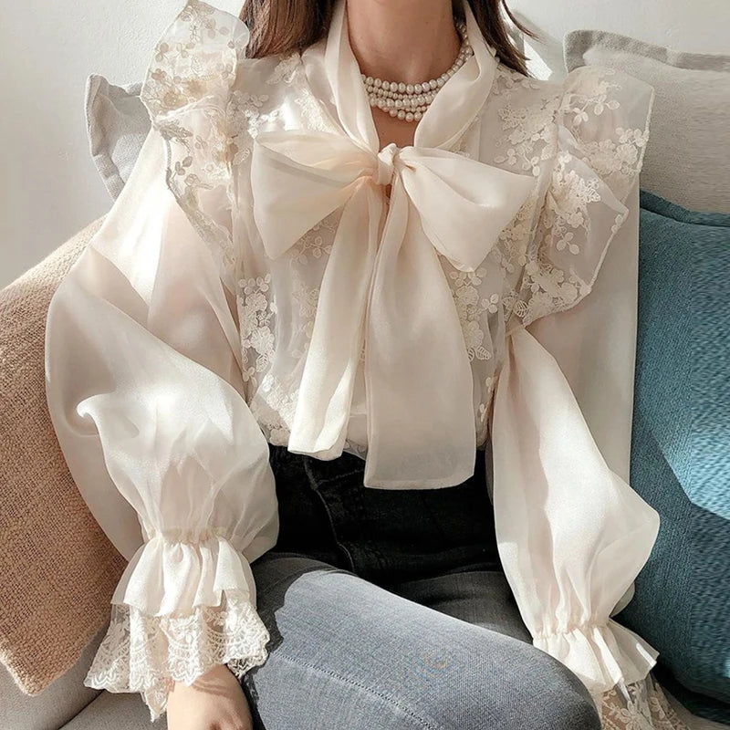 Wholesale 2026 Autumn New Bow Tie Embroidery Lace Hook Flower Loose Flare Sleeves Women's Shirts
