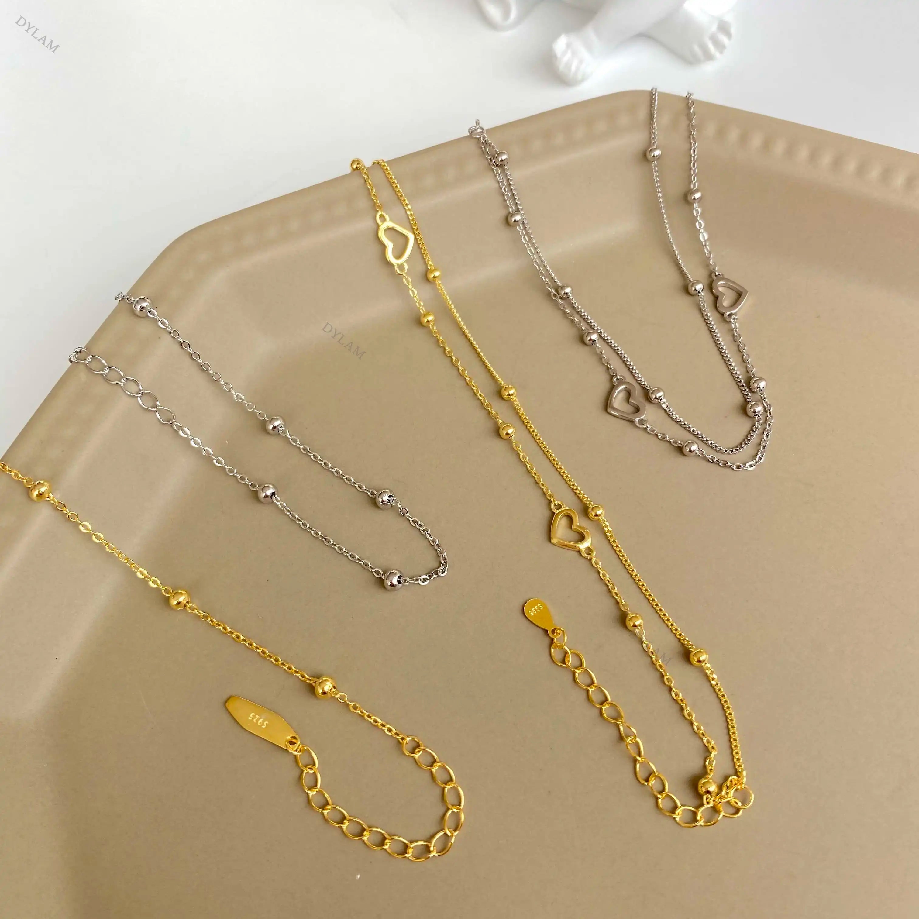 Dylam Minimalist Hollow Heart Double Layers Stackable Extension Chain 18K Gold Bead Link Chain 925 Sterling Silver Bracelet